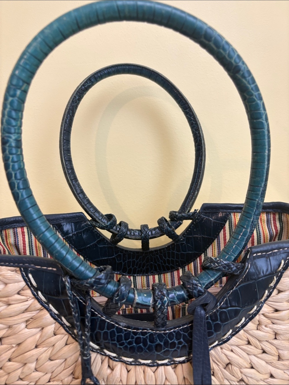Brighton | Woven Straw Structured Dark Green Croc-Texture Top Handles Tote Bag - Picture 6 of 17